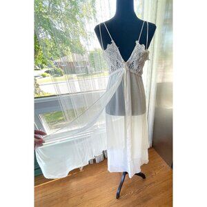 Vintage 80s night dress, silky sheer white, lace bust, Flora Nikrooz, 6/8 (S/M)